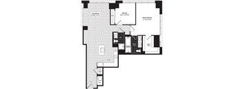 A black and white image of a floor plan for a house with a living room, kitchen, two bedrooms, a bathroom, and a walk-in closet.