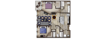 A floor plan of a house with a living room, two bedrooms, a bathroom, and a kitchen.