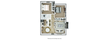 A floor plan of a house with a kitchen, living room, and bedrooms.
