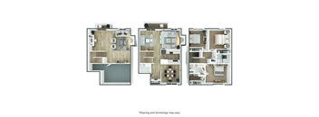 Three different layouts of a house are shown.
