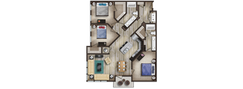 A floor plan of a house with a living room, kitchen, and two bedrooms.