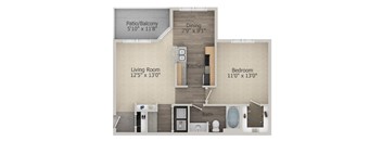 A floor plan of a home with a living room, dining area, kitchen, and two bedrooms.