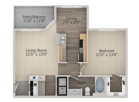 A floor plan of a home with a living room, dining area, kitchen, and two bedrooms.