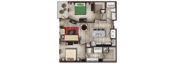 A floor plan of a house with a kitchen, living room, and bathroom.