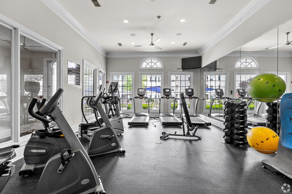 A gym with treadmills, elliptical machines, and exercise balls.