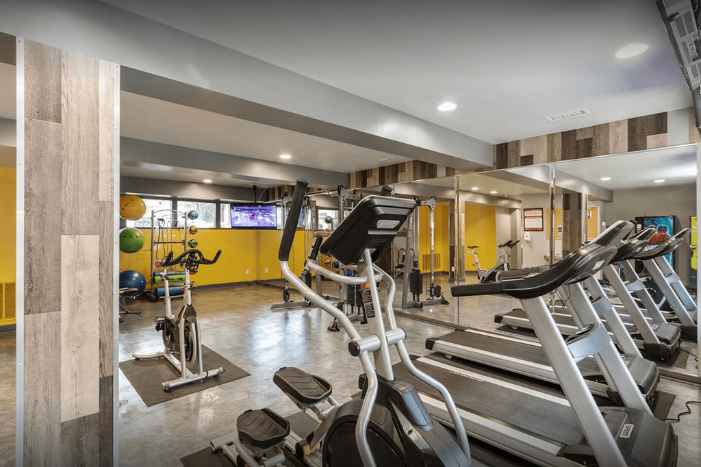 A gym with treadmills, exercise bikes, and other equipment.