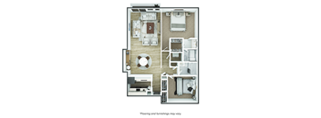 A floor plan of a house with a kitchen, living room, dining room, and bedrooms.