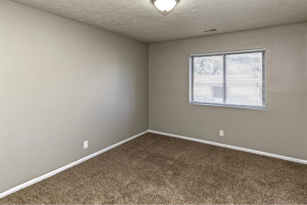 an empty room with a window and carpet