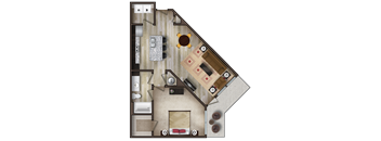 A top-down view of a house floor plan with a kitchen, living room, and bedrooms.