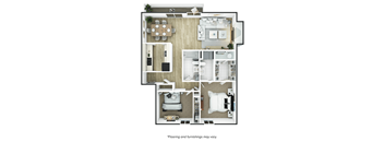 A floor plan of a house with a kitchen, living room, dining room, and bedrooms.