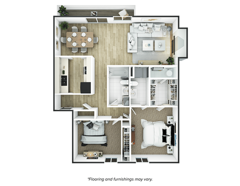 A floor plan of a house with a kitchen, living room, dining room, and bedrooms.