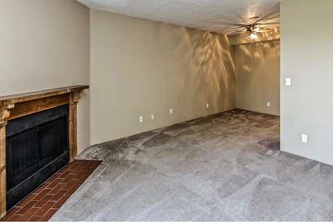a living room with a fireplace and a carpeted floor