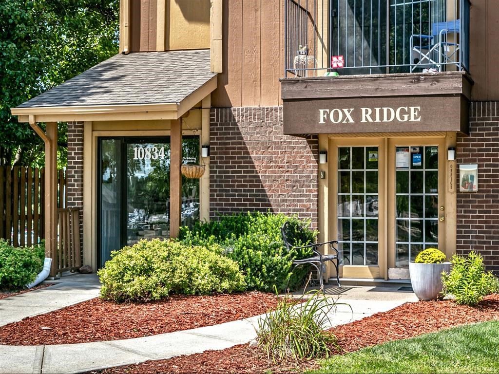 a building with a fox ridge sign on the front of it