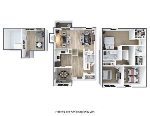 A set of three floor plans for a house with varying layouts.