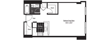 A floor plan of a small apartment with a kitchen, bathroom, and living room.