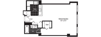 A floor plan of a small apartment with a kitchen, bathroom, and bedroom.