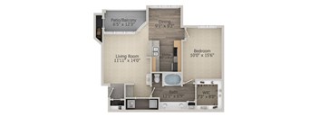 A floor plan of a small apartment with a living room, dining room, kitchen, bedroom, bathroom, and a WIC room.
