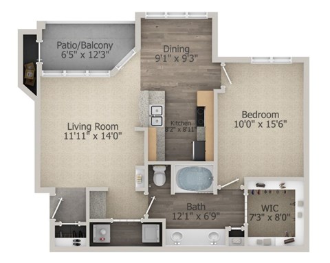 A floor plan of a small apartment with a living room, dining room, kitchen, bedroom, bathroom, and a WIC room.