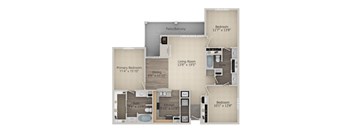 A floor plan of a home with a living room, two bedrooms, a patio/balcony, a primary bedroom, a bathroom, a kitchen, and a mech.