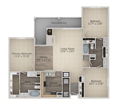 A floor plan of a home with a living room, two bedrooms, a patio/balcony, a primary bedroom, a bathroom, a kitchen, and a mech.