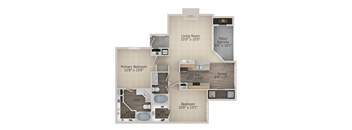 A floor plan of a home with a living room, kitchen, dining room, two bedrooms, and a patio.