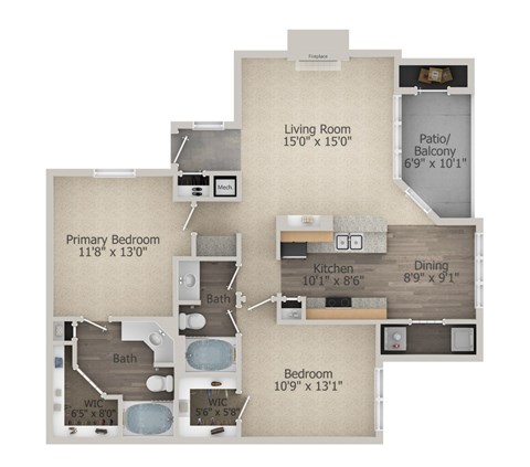 A floor plan of a home with a living room, kitchen, dining room, two bedrooms, and a patio.