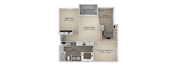 A floor plan of a small apartment with a living room, dining room, kitchen, and three bedrooms.