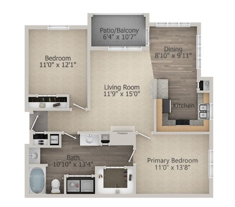 A floor plan of a small apartment with a living room, dining room, kitchen, and three bedrooms.