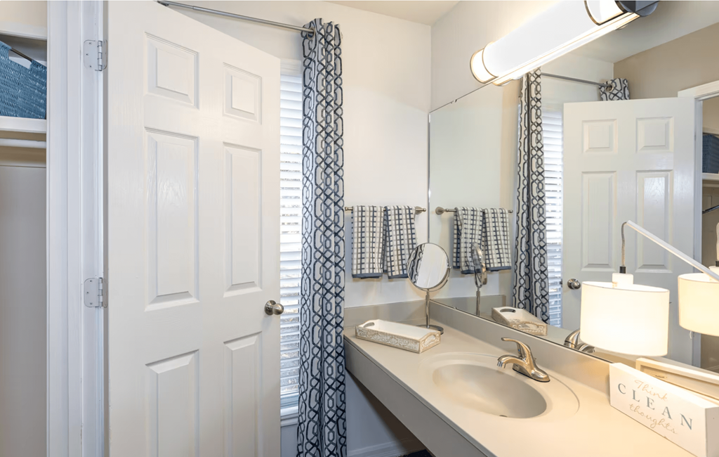 A bathroom with a sink, mirror, and a white door.