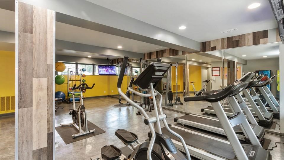 A gym with treadmills, exercise bikes, and other equipment.