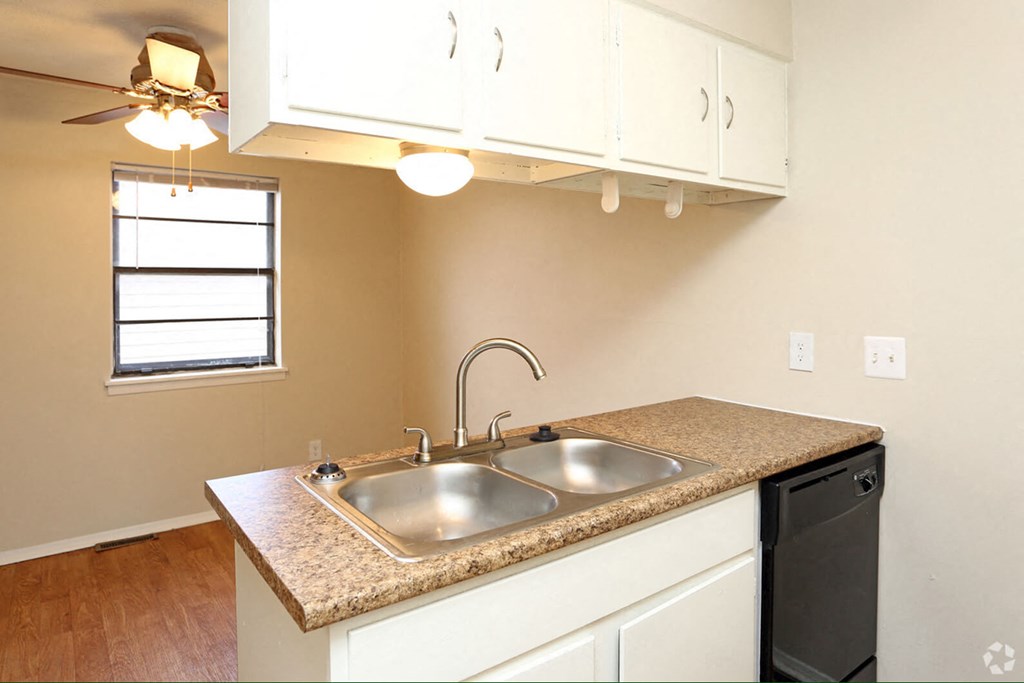 a kitchen with a sink and a window