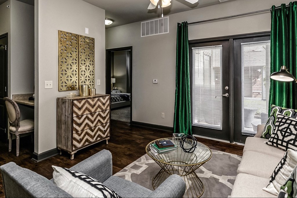 a living room with a couch and a table