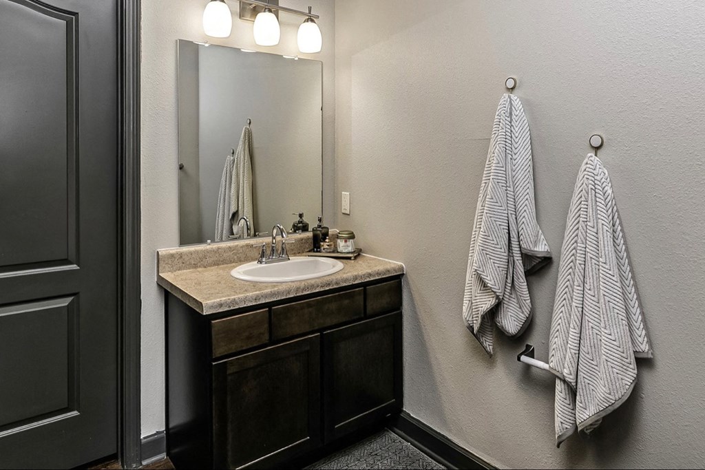 the retreat apartments l bathroom with sink and mirror and shower