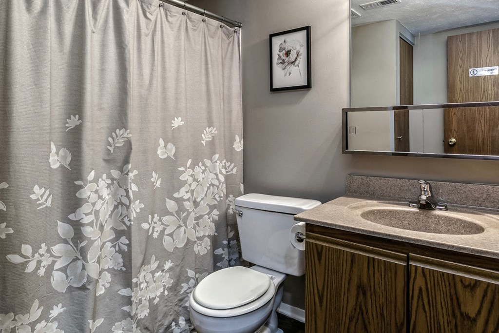 a bathroom with a shower and a sink and a toilet