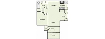 A floor plan of a small apartment with a bedroom, living room, kitchen, and bathroom.