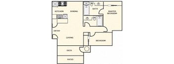 A floor plan of a house with a kitchen, dining room, living room, two bedrooms, a bathroom, a deck, and a patio.