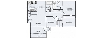 A floor plan of a house with a kitchen, dining room, living room, two bedrooms, a bathroom, a deck, and a patio.