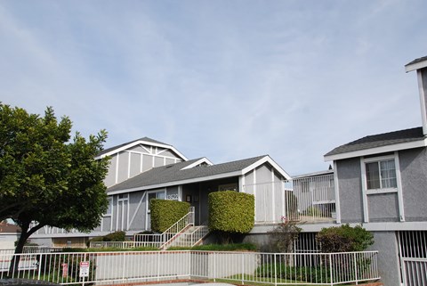 A row of houses with a white fence in front.