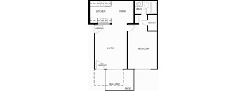 A floor plan of a home with a living room, dining room, kitchen, bathroom, bedroom, closet, and balcony.