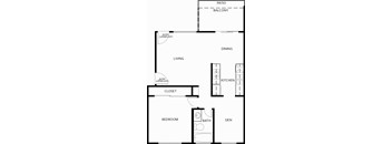 A floor plan of a house with a living room, kitchen, dining room, and bathroom.