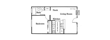 A floor plan of a small apartment with a bedroom, kitchen, living room, and bathroom.