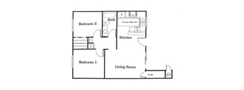 A floor plan of a small apartment with two bedrooms, a living room, a kitchen, and storage.