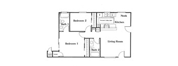 A floor plan of a small apartment with two bedrooms, a living room, a kitchen, and storage.