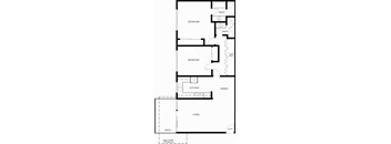 A floor plan of a house with two bedrooms, a living room, a kitchen, a dining area, a bathroom, a closet space, and a patio.