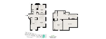 A floor plan of a two-story building with a basement and a two-car garage.