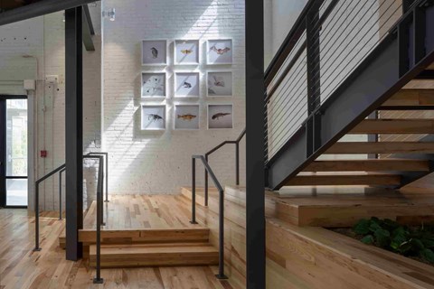 A staircase with a black railing and wooden steps.