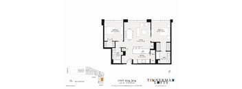 A floor plan for a Tinnerman Lofts unit shows two bedrooms, a living room, a kitchen, and bathrooms.