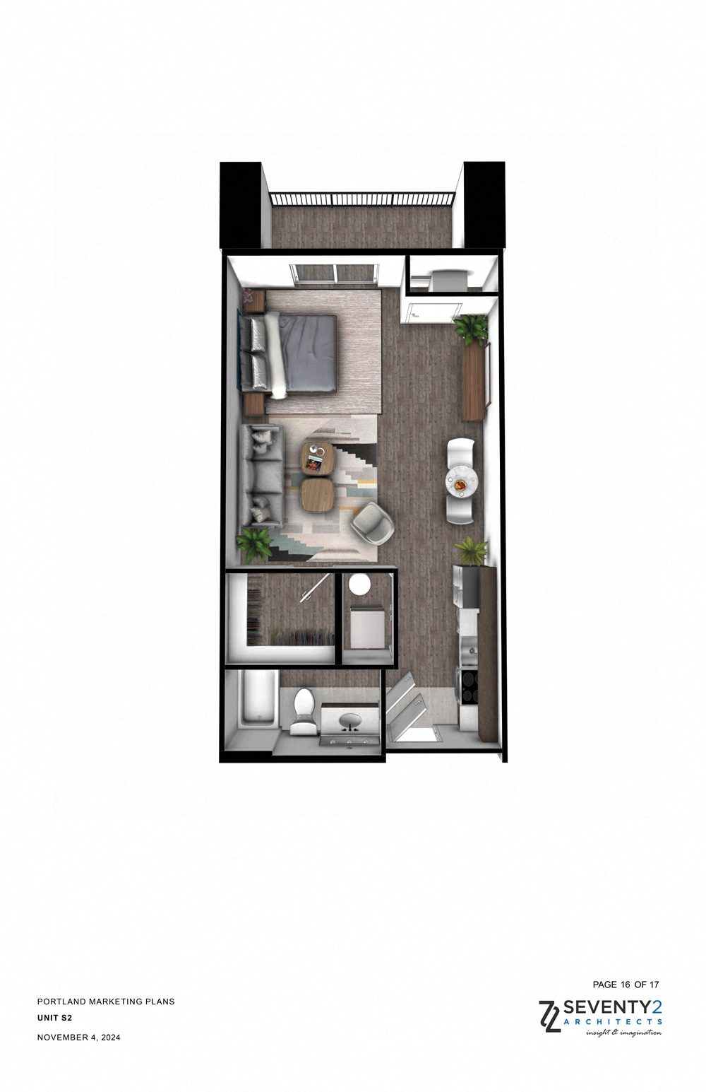 A floor plan of an apartment with a kitchen, living room, and two bedrooms.