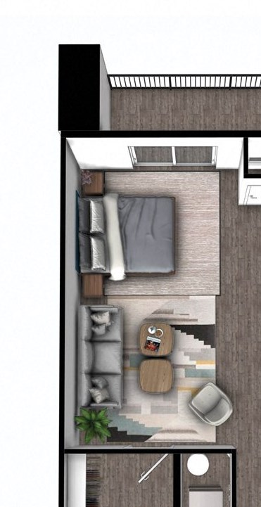 A floor plan of an apartment with a kitchen, living room, and two bedrooms.
