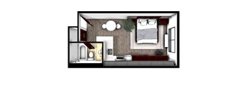 A 3D rendered image of a modern bedroom interior.